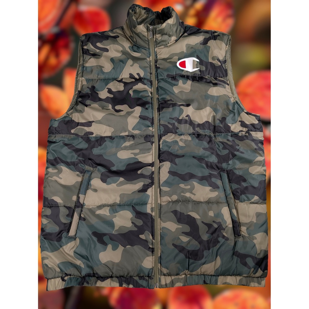 Champion Mens XLT Camouflage Puffer Vest Green Woodland Camo Full Zip Mock Neck